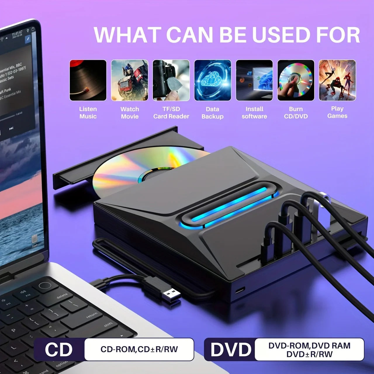 3-in-1 External CD/DVD Drive with Card Reader