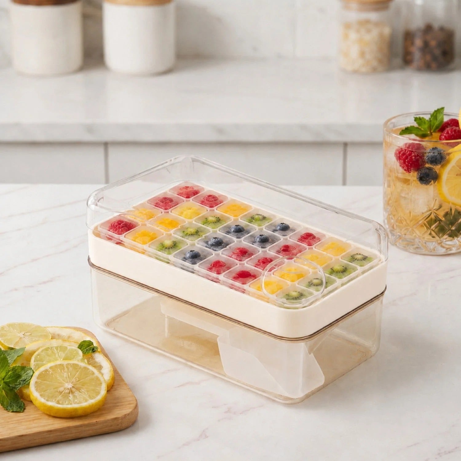 Ice Cube Tray with Lid and Container (32 Cubes)