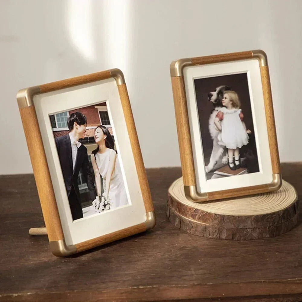 Tabletop Photo Frame Vintage Wood and Brass Design