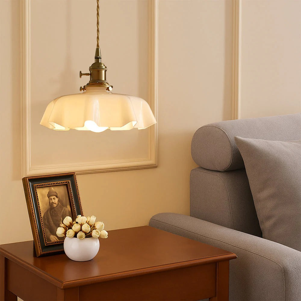 French Style Scalloped Cream Glass Pendant Light with Brass Fitting for Dining Room