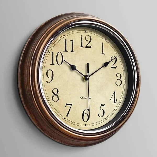 Classic Brown Finish Silent Round Wall Clock for Living Room and Office