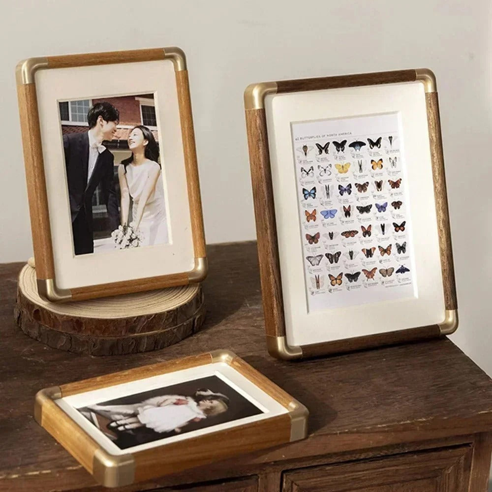 Tabletop Photo Frame Vintage Wood and Brass Design
