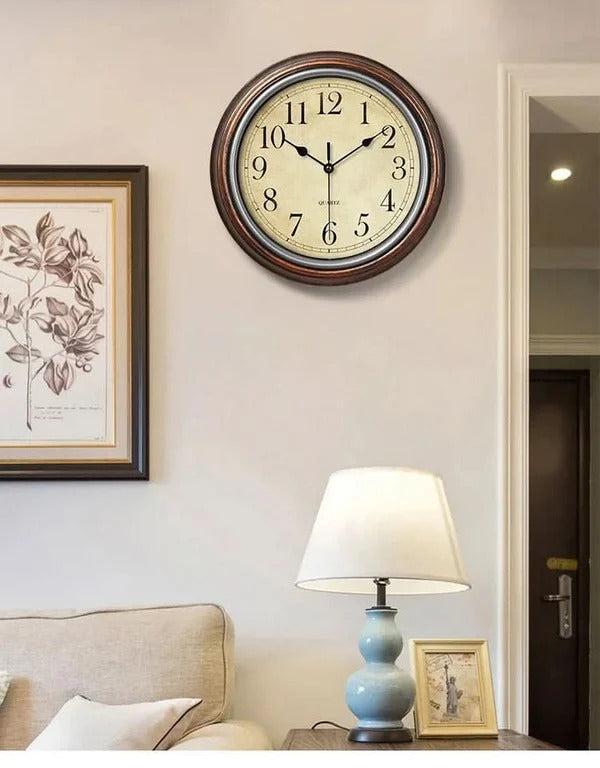 Classic Brown Finish Silent Round Wall Clock for Living Room and Office