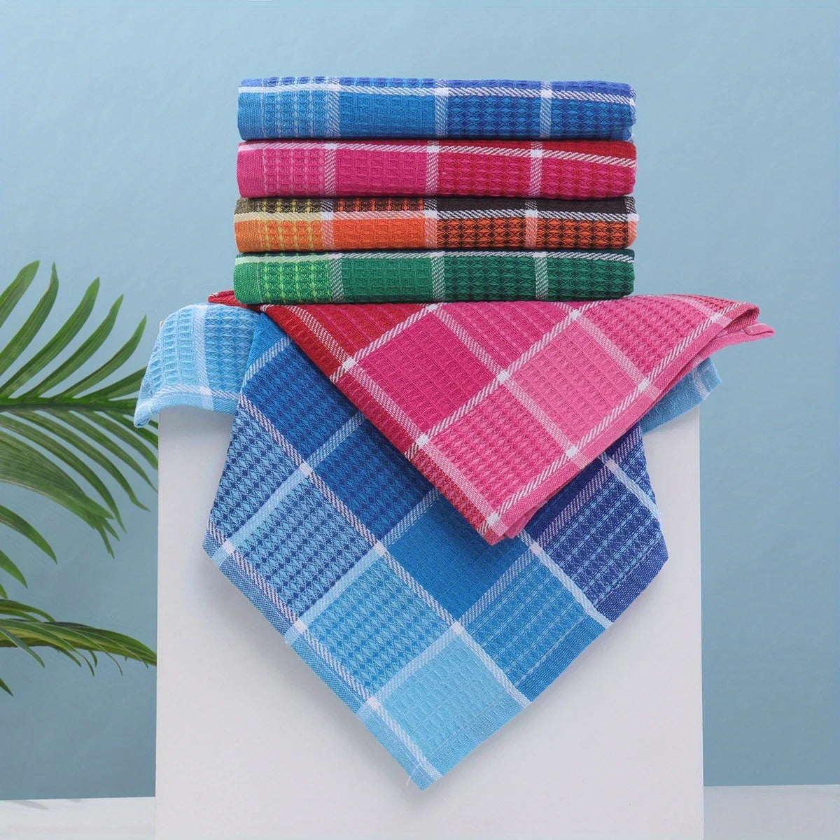 Waffle Kitchen Towel Set with Check Pattern