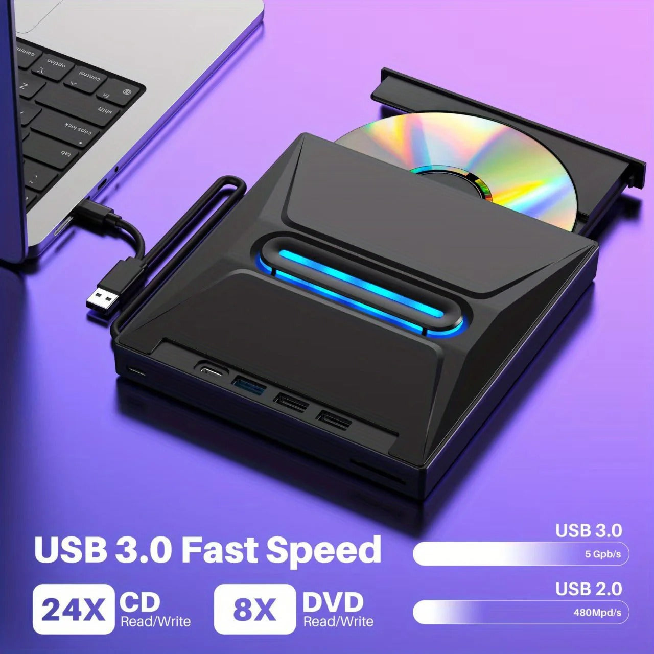 3-in-1 External CD/DVD Drive with Card Reader