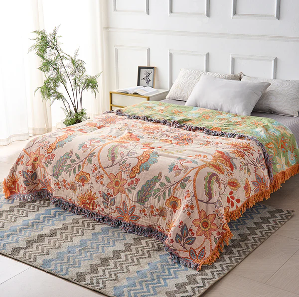 Boho Floral 100% Cotton Tassel Throw Blanket for Bedroom and Couch
