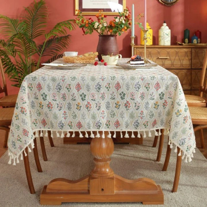 Machine Washable Floral Tassel Tablecloth, Microfiber, 5 Sizes