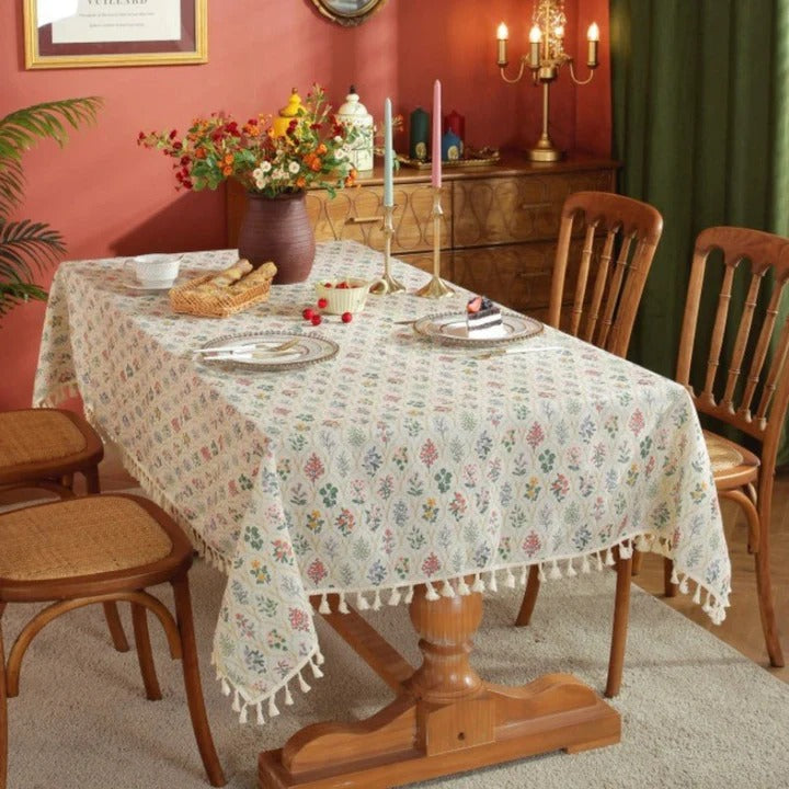Machine Washable Floral Tassel Tablecloth, Microfiber, 5 Sizes